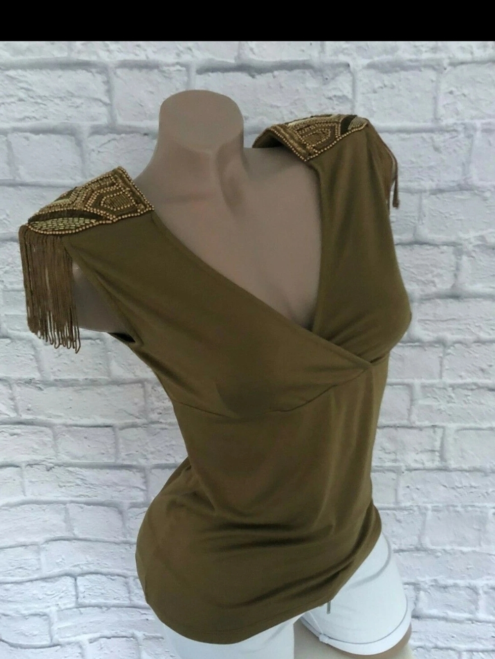 Embellished Fringe Shoulder Olive Green Wrap-Front Women's Top
